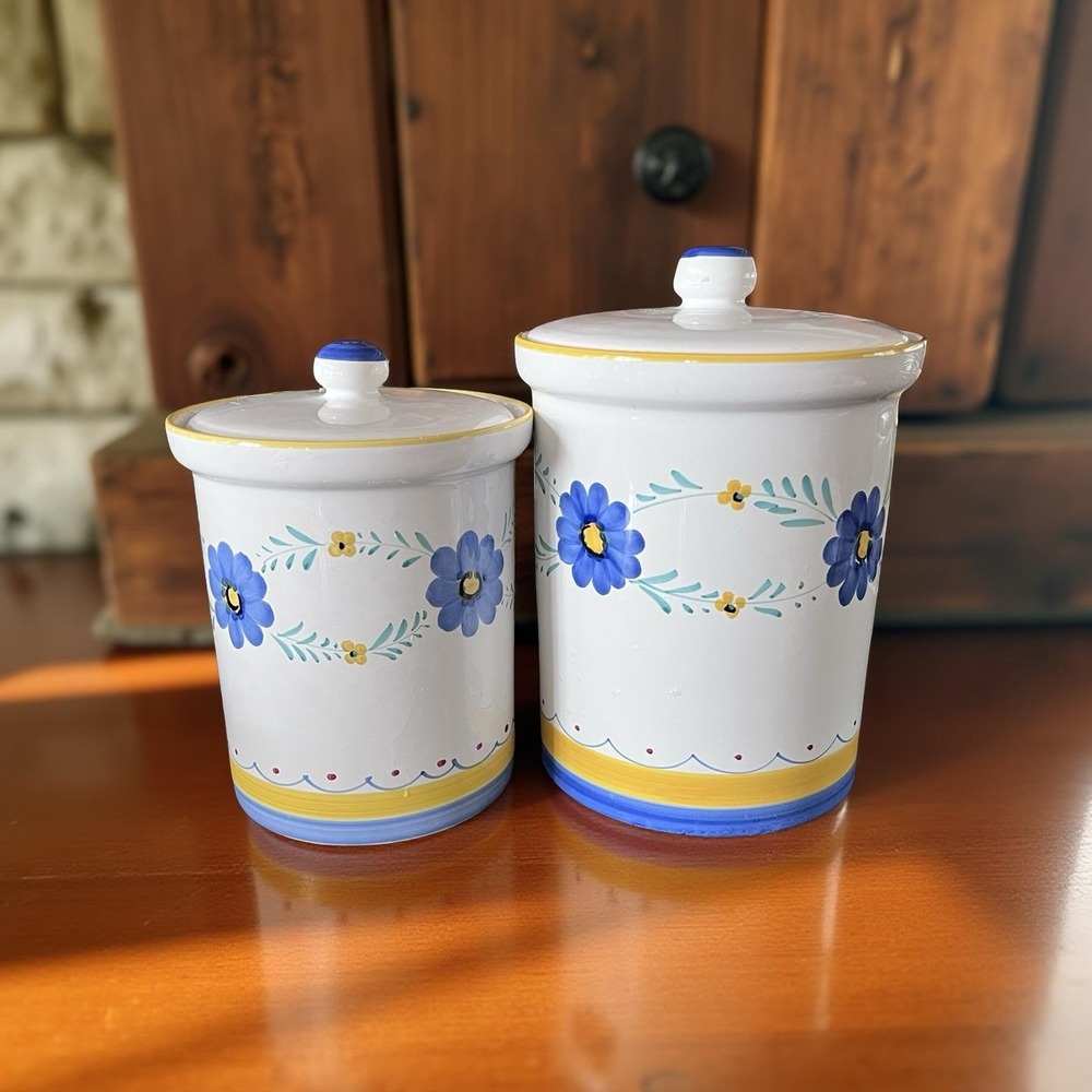 RARE‎ LARGE ,medium Vintage WILLIAMS SONOMA BLUE FLORAL CANISTER  MADE IN ITALY